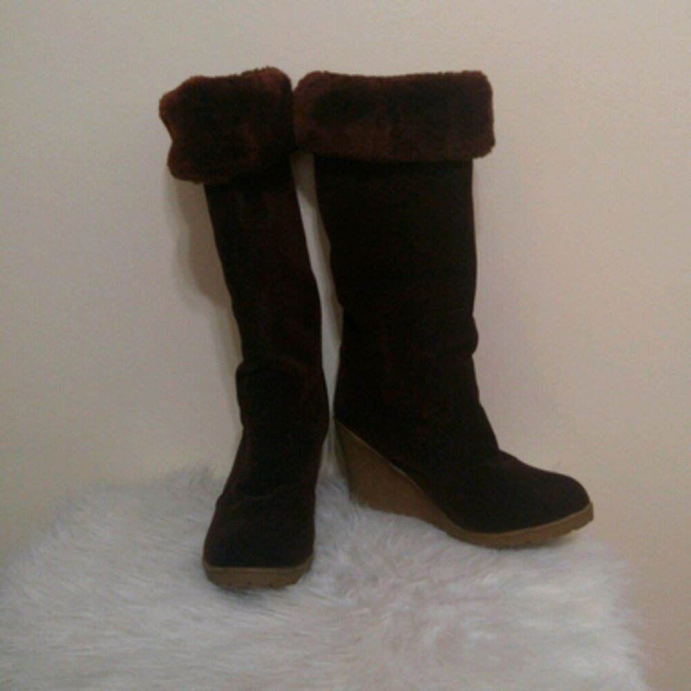 Brown faux fur faux suede tall wedge boots size 6.5